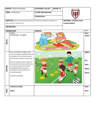 EQUIPO: Niquiamaxicolbe CATEGORIA: sub 10 b SESION: 12
TEMA: conducción LUGAR: Apartamentos
Componente:
OBJETIVO: Que el deportista pueda realizar movimientos ordenados ydirigidos a la
obtenciónde un gestotécnico
MATERIAL: Platillosconos
escalerasbalon
ENCARGADO:
DESCRIPCION: GRAFICA Tiempo
INICIAL
Charla
Estiramiento, la cogida
5min
15min
CENTRAL
Est1 se conduce de unlugar a otro.
Est2 se conduce esuivando una serie de
obstáculos. Est3 se conduce hasta un
puto donde se realizara unpase largo
Marcaje cuerpo a cuerpo:estarán en
pareja estos tendránque realizar pase
sin que su pareja le quite el balón.
Espacialidadrealiza unpaseysu
compañero le tira el balónpor un
espaciodisponible
Futbol yespacialidad
20min
Dsc
5min
20min
25min
FINAL
Vueltaa la calma
charla
5min
5min
 