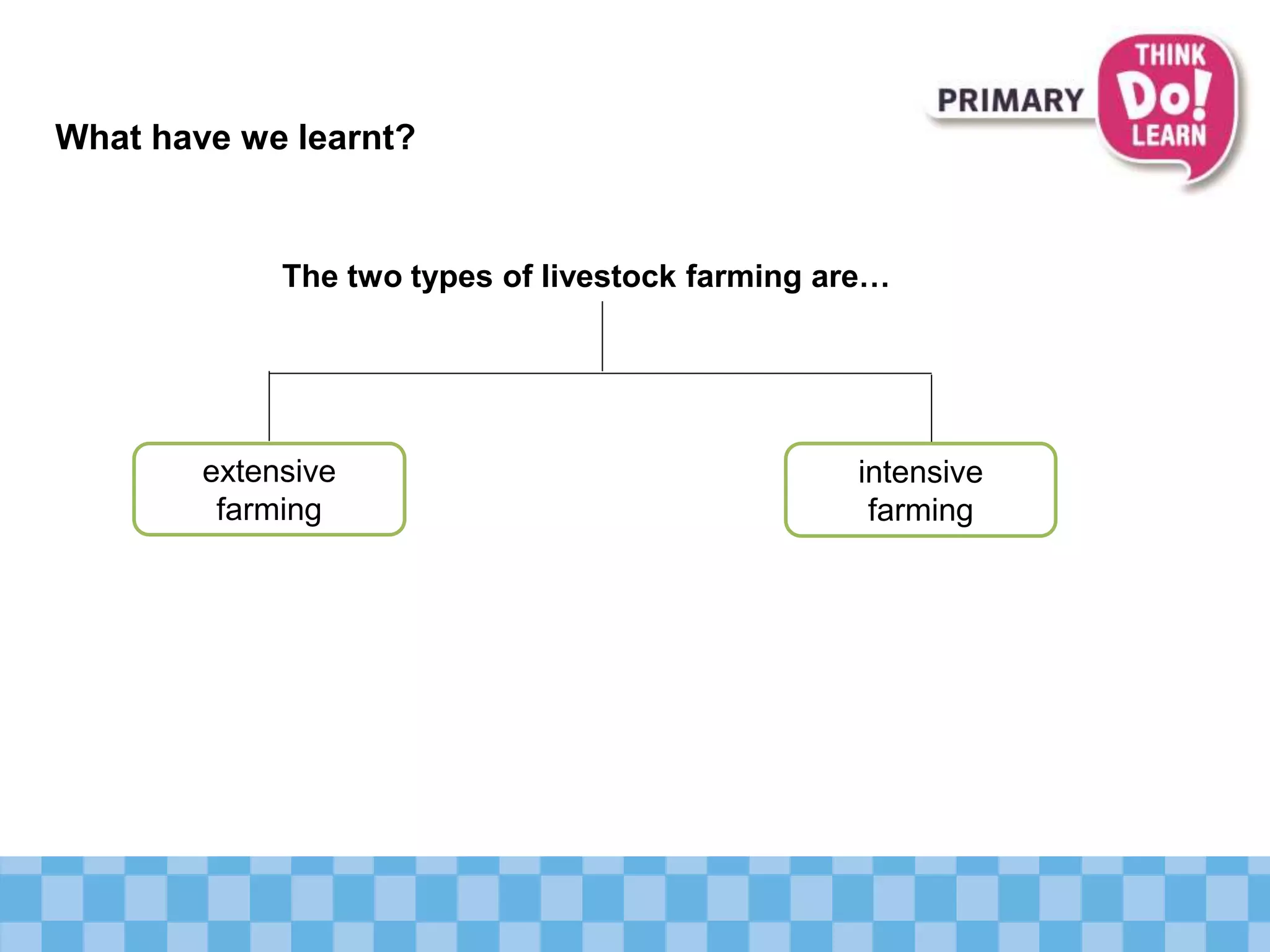What have we learnt?
extensive
farming
intensive
farming
The two types of livestock farming are…
 