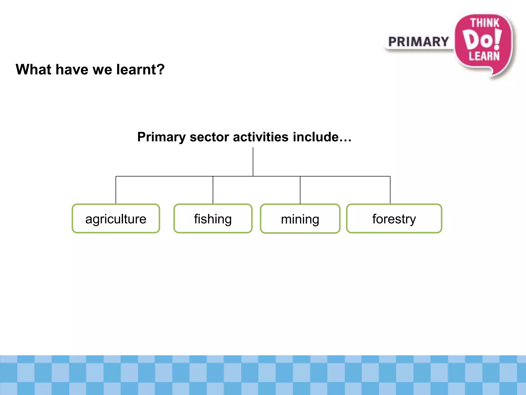 What have we learnt?
agriculture forestry
Primary sector activities include…
fishing mining
 