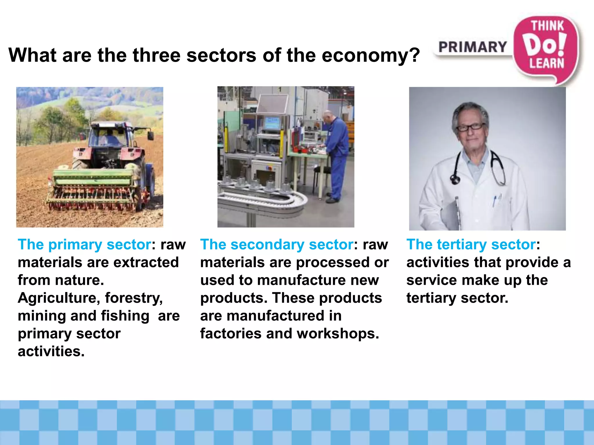What are the three sectors of the economy?
The primary sector: raw
materials are extracted
from nature.
Agriculture, forestry,
mining and fishing are
primary sector
activities.
The secondary sector: raw
materials are processed or
used to manufacture new
products. These products
are manufactured in
factories and workshops.
The tertiary sector:
activities that provide a
service make up the
tertiary sector.
 