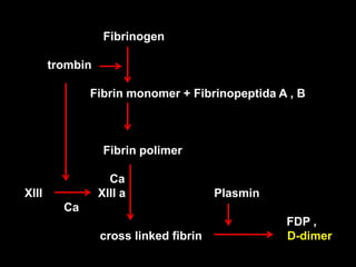 Fibrinogen

       trombin

              Fibrin monomer + Fibrinopeptida A , B



                  Fibrin polimer

                   Ca
XIII             XIII a                Plasmin
         Ca
                                                 FDP ,
                 cross linked fibrin             D-dimer
 
