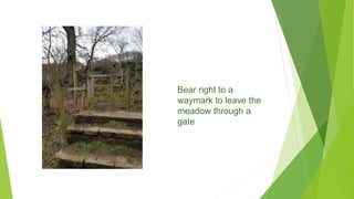 Bear right to a
waymark to leave the
meadow through a
gate
 
