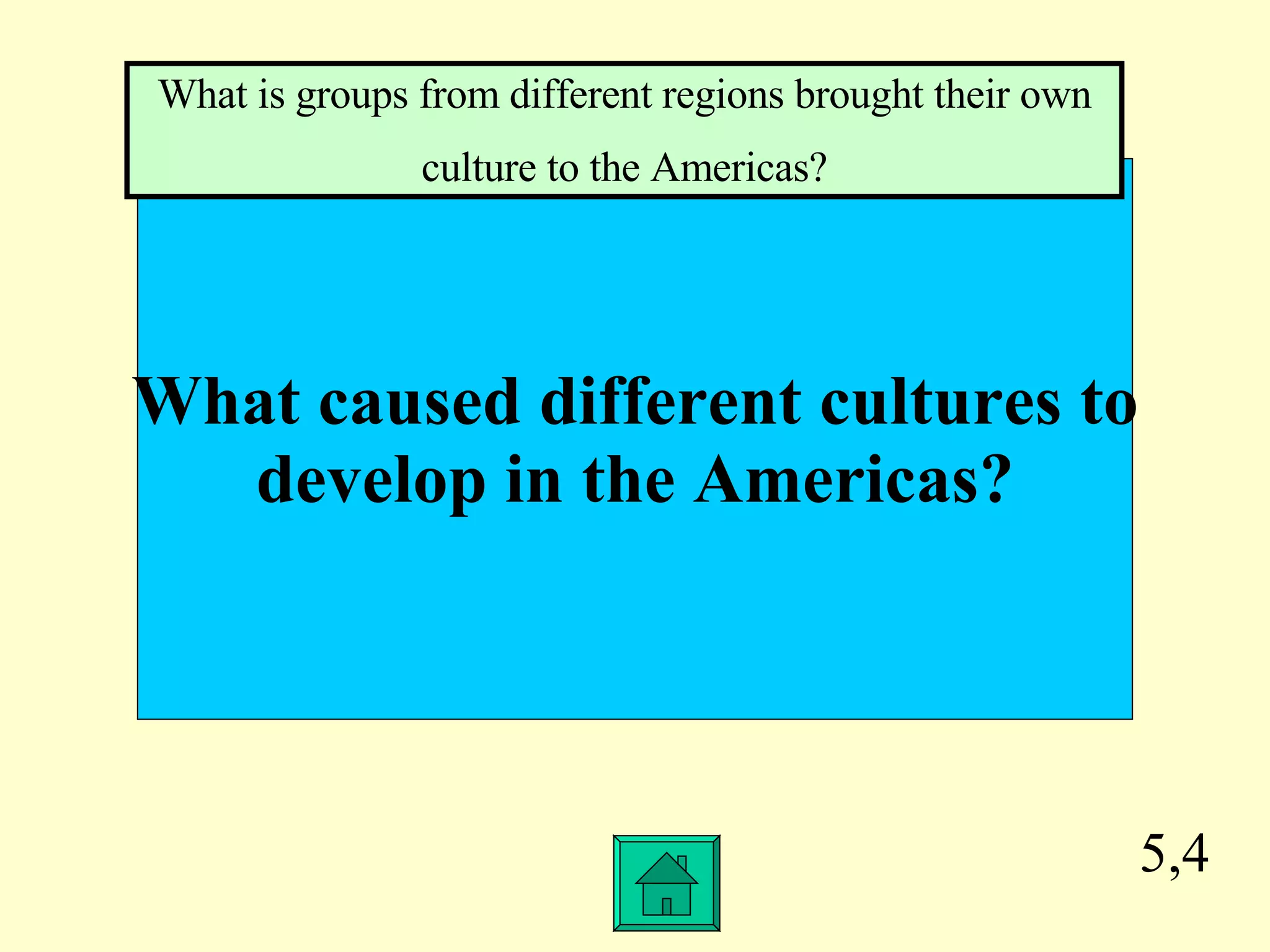 5,4 What caused different cultures to develop in the Americas? What is groups from different regions brought their own culture to the Americas? 