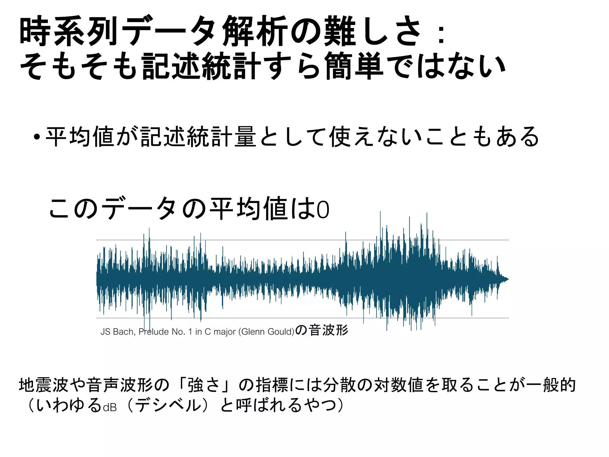 時系列データ解析の難しさ：
そもそも記述統計すら簡単ではない
•平均値が記述統計量として使えないこともある
JS Bach, Prelude No. 1 in C major (Glenn Gould)の音波形
このデータの平均値は0
地震波や音声波形の「強さ」の指標には分散の対数値を取ることが一般的
（いわゆるdB（デシベル）と呼ばれるやつ）
 