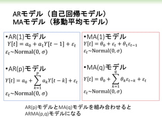 ARモデル（自己回帰モデル）
MAモデル（移動平均モデル）
•AR(1)モデル
𝑌 𝑡 = 𝑎0 + 𝑎1 𝑌[𝑡 − 1] + 𝜀𝑡
𝜀𝑡~Normal(0, 𝜎)
•AR(p)モデル
𝑌 𝑡 = 𝑎0 +
𝑘=1
𝑝
𝑎 𝑘 𝑌 𝑡 − 𝑘 + 𝜀𝑡
𝜀𝑡~Normal(0, 𝜎)
•MA(1)モデル
𝑌 𝑡 = 𝜃0 + 𝜀𝑡 + 𝜃1 𝜀𝑡−1
𝜀𝑡~Normal(0, 𝜎)
•MA(q)モデル
𝑌 𝑡 = 𝜃0 +
𝑘=1
𝑞
𝜃 𝑘 𝜀𝑡−𝑘 + 𝜀𝑡
𝜀𝑡~Normal(0, 𝜎)
AR(p)モデルとMA(q)モデルを組み合わせると
ARMA(p,q)モデルになる
 