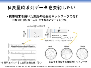 多変量時系列データを要約したい
• 携帯端末を用いた集落の社会的ネットワークの分析
• 非負値行列分解（NMF）ですれ違いデータを分解
小森政嗣, 飯田梨乃, 箕浦有希久, 一言英文, 竹村幸祐, 内田由紀子. (2018). 集落の多層的な社会的ネットワークの分解, 日心大会
各因子と対応する社会的接触生起パタン 各因子と対応する社会的ネットワーク
 