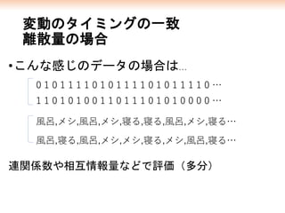 変動のタイミングの一致
離散量の場合
•こんな感じのデータの場合は…
連関係数や相互情報量などで評価（多分）
0 1 0 1 1 1 1 0 1 0 1 1 1 1 0 1 0 1 1 1 1 0 …
1 1 0 1 0 1 0 0 1 1 0 1 1 1 0 1 0 1 0 0 0 0 …
風呂,メシ,風呂,メシ,寝る,寝る,風呂,メシ,寝る…
風呂,寝る,風呂,メシ,メシ,寝る,メシ,風呂,寝る…
 