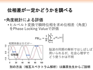 位相差が一定かどうかを調べる
•角度統計による評価
•ヒルベルト変換で瞬時位相を求め位相差（角度）
をPhase Locking Valueで評価
位相差
相関係数は０だが…
脳波の同期の解析ではしばしば
用いられるが，社会心理学で
どう使うかは不明
別の方法（相互スペクトラム解析）は藤原先生からご説明
 