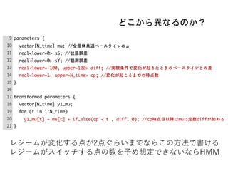 どこから異なるのか？
レジームが変化する点が2点ぐらいまでならこの方法で書ける
レジームがスイッチする点の数を予め想定できないならHMM
 
