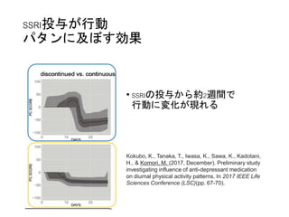 SSRI投与が行動
パタンに及ぼす効果
• SSRIの投与から約2週間で
行動に変化が現れる
Kokubo, K., Tanaka, T., Iwasa, K., Sawa, K., Kadotani,
H., & Komori, M. (2017, December). Preliminary study
investigating influence of anti-depressant medication
on diurnal physical activity patterns. In 2017 IEEE Life
Sciences Conference (LSC)(pp. 67-70).
 