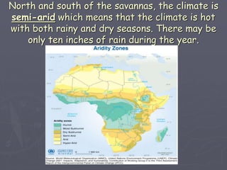 North and south of the savannas, the climate is
semi-arid which means that the climate is hot
with both rainy and dry seasons. There may be
only ten inches of rain during the year.
 