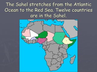 The Sahel stretches from the Atlantic
Ocean to the Red Sea. Twelve countries
are in the Sahel.
 