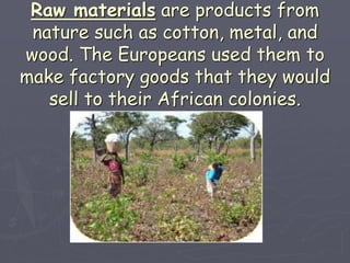 Raw materials are products from
nature such as cotton, metal, and
wood. The Europeans used them to
make factory goods that they would
sell to their African colonies.
 
