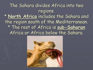 The Sahara divides Africa into two
regions.
* North Africa includes the Sahara and
the region south of the Mediterranean.
* The rest of Africa is sub-Saharan
Africa or Africa below the Sahara.
 
