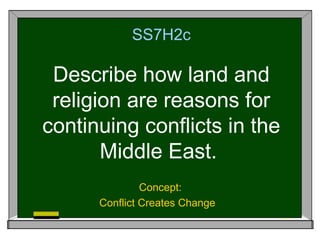 SS7H2c

 Describe how land and
 religion are reasons for
continuing conflicts in the
       Middle East.
               Concept:
      Conflict Creates Change
 