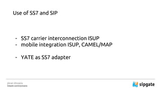 J?ran Vinzens
linkedin.com/in/jvinzens
Use of SS7 and SIP
- SS7 carrier interconnection ISUP
- mobile integration ISUP, CAMEL/MAP
- YATE as SS7 adapter
 