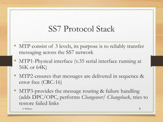 SS7 Protocol Stack Cont.
MTP1
SCCP
Network
T
U
P
Physical
Data Link
ASP
TCAP
B
I
S
U
P
I
S
U
P
MTP MTP2
MTP3
• SCCP-provides enhanced features to
support circuit-related (GTT) & non-
circuit-related signaling information
(TCAP queries). SCCP is able to
reach destination in the network by
using SSN/DPC combos
• TCAP-used for query/retrieval of
information from databases, uses
SCCP transport, puts in request for
data & waits for result
• ISUP-provides call set up & tear
down, identifies circuits for voice
path
S. Williams 5
 
