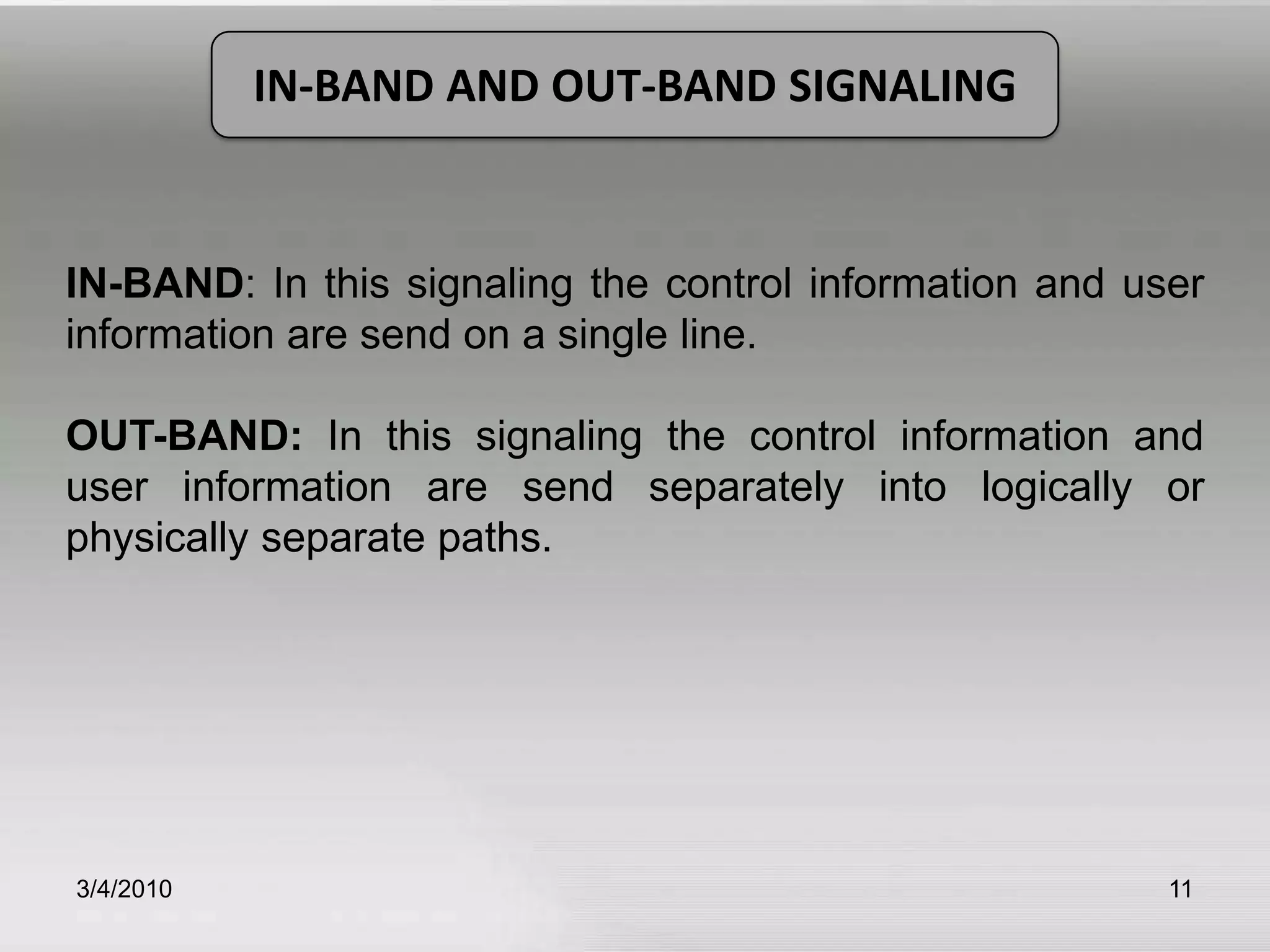 3/5/201011IN-BAND AND OUT-BAND SIGNALINGIN-BAND: In this signaling the control information and user information are send on a single line.OUT-BAND: In this signaling the control information and user information are send separately into logically or physically separate paths. 