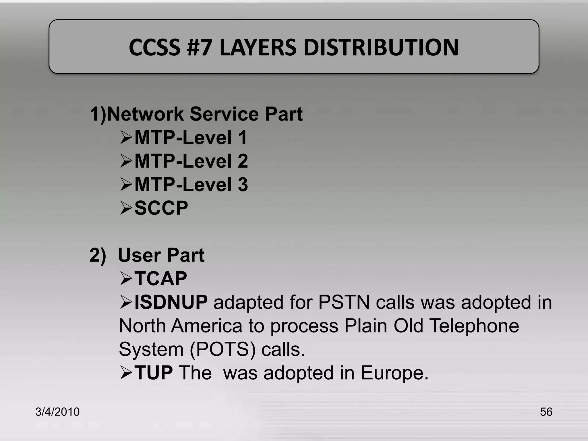 3/5/201056CCSS #7 LAYERS DISTRIBUTIONNetwork Service PartMTP-Level 1