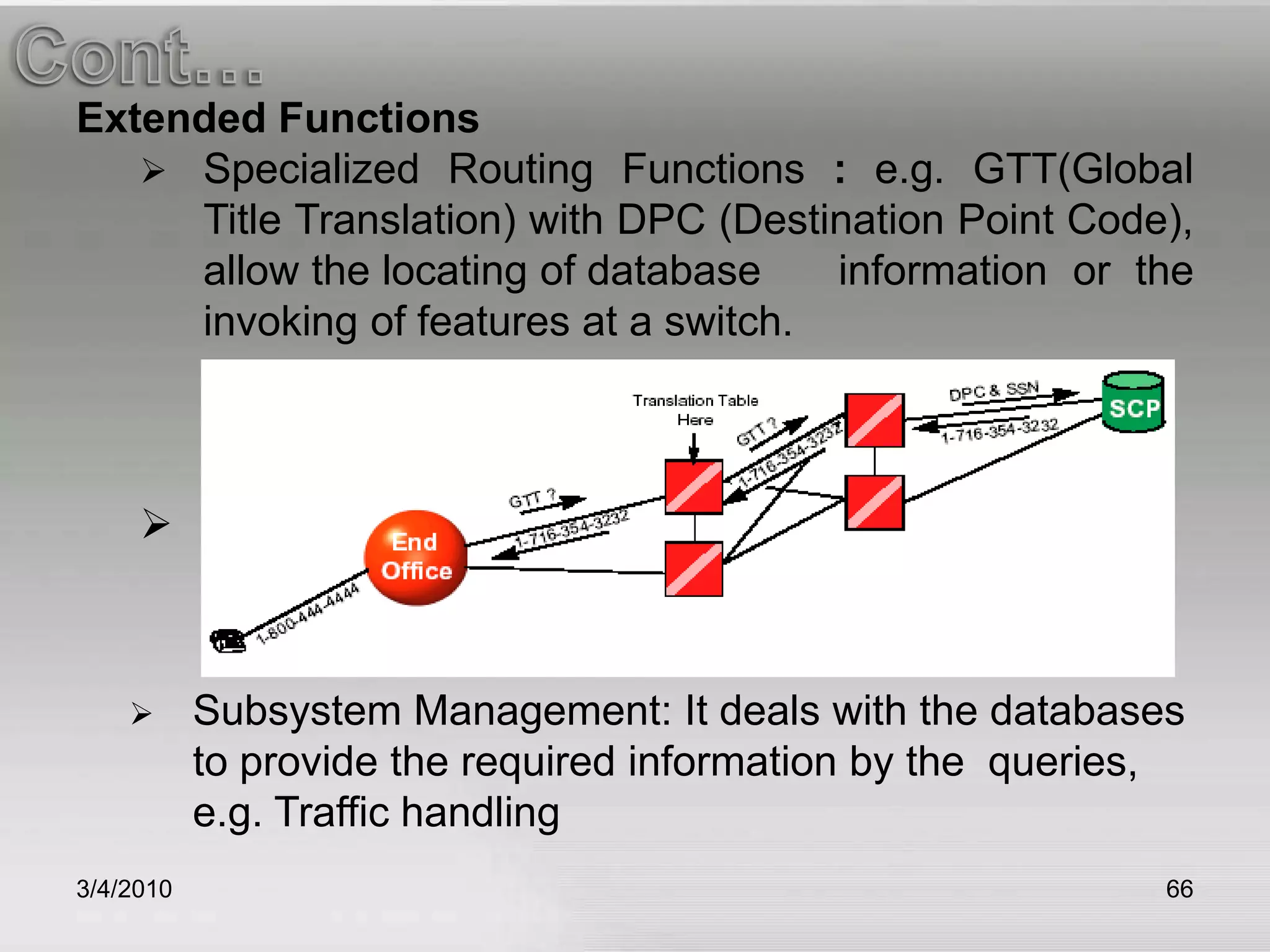 3/5/201062MTP-LEVEL 3 (NETWORK LAYER)The functions of level 3 are divided into two major categories. One of these is Message Routing (or Signaling Message Handling). The other is Signaling Network Management. Network Management can be further broken down into four sub-categories. 