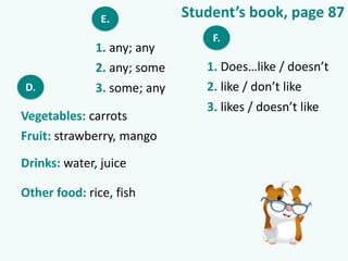 Student’s book, page 87
D.
Vegetables: carrots
Fruit: strawberry, mango
Drinks: water, juice
Other food: rice, fish
E.
1. any; any
2. any; some
3. some; any
F.
1. Does…like / doesn’t
2. like / don’t like
3. likes / doesn’t like