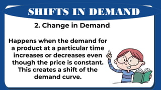 2. Change in Demand
SHIFTS IN DEMAND
Happens when the demand for
a product at a particular time
increases or decreases eve...
