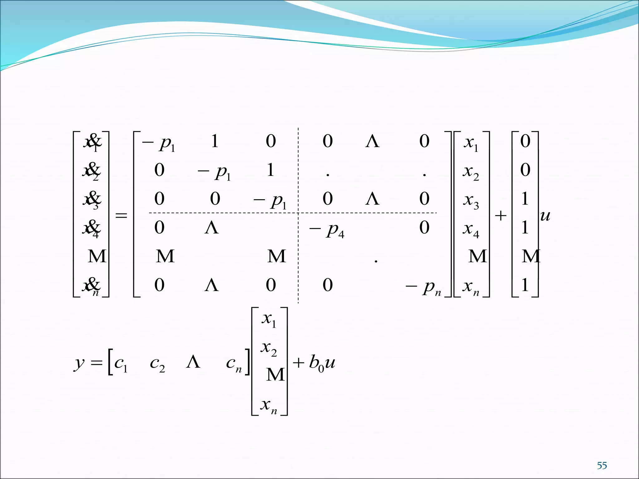 




. .
.
x
x
x
x
x
p
p
p
p
p
x
x
x
x
x
u
y c c
n n n
1
2
3
4
1
1
1
4
1
2
3
4
1 2
1 0 0 0
0 1
0 0 0 0
0 0
0 0 0
0
0
1
1
1




 

 















































































  

c
x
x
x
b un
n
1
2
0













55
 
