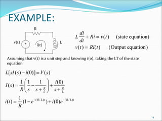 EXAMPLE:
+ i(t)
Lv(t)
R
L
di
dt
Ri v t
v t Ri t
 

( )
( ) ( ) ( )
(state equation)
Output equation
tLRtLR
L
R
L
R
eie
R
ti
s
i
ssR
sI
sVissIL
)/()/(
)0()1(
1
)(
)0(111
)(
)()]0()([












Assuming that v(t) is a unit step and knowing i(0), taking the LT of the state
equation
14
 