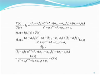 Y s
U s
b
b a b s b a b b a b
s a s a s a
Y s b U s Y s
Y s
b a b s b a b b a b
s a s a s a
n
n n n n
n n
n n
n
n n n n
n n
n n
( )
( )
( ) ( ) ( )
( ) ( ) ( )
( )
( ) ( ) ( )
 
     
   
 

     
   

 



 


0
1 1 0
1
1 1 0 0
1
1
1
0
1 1 0
1
1 1 0 0
1
1
1




U s
Y s
b a b s b a b b a b
U s
s a s a s a
Q s
n
n n n n
n n
n n
( )
( )
( ) ( ) ( )
( )
( )
1 1 0
1
1 1 0 0
1
1
1
     

   


 




37
 