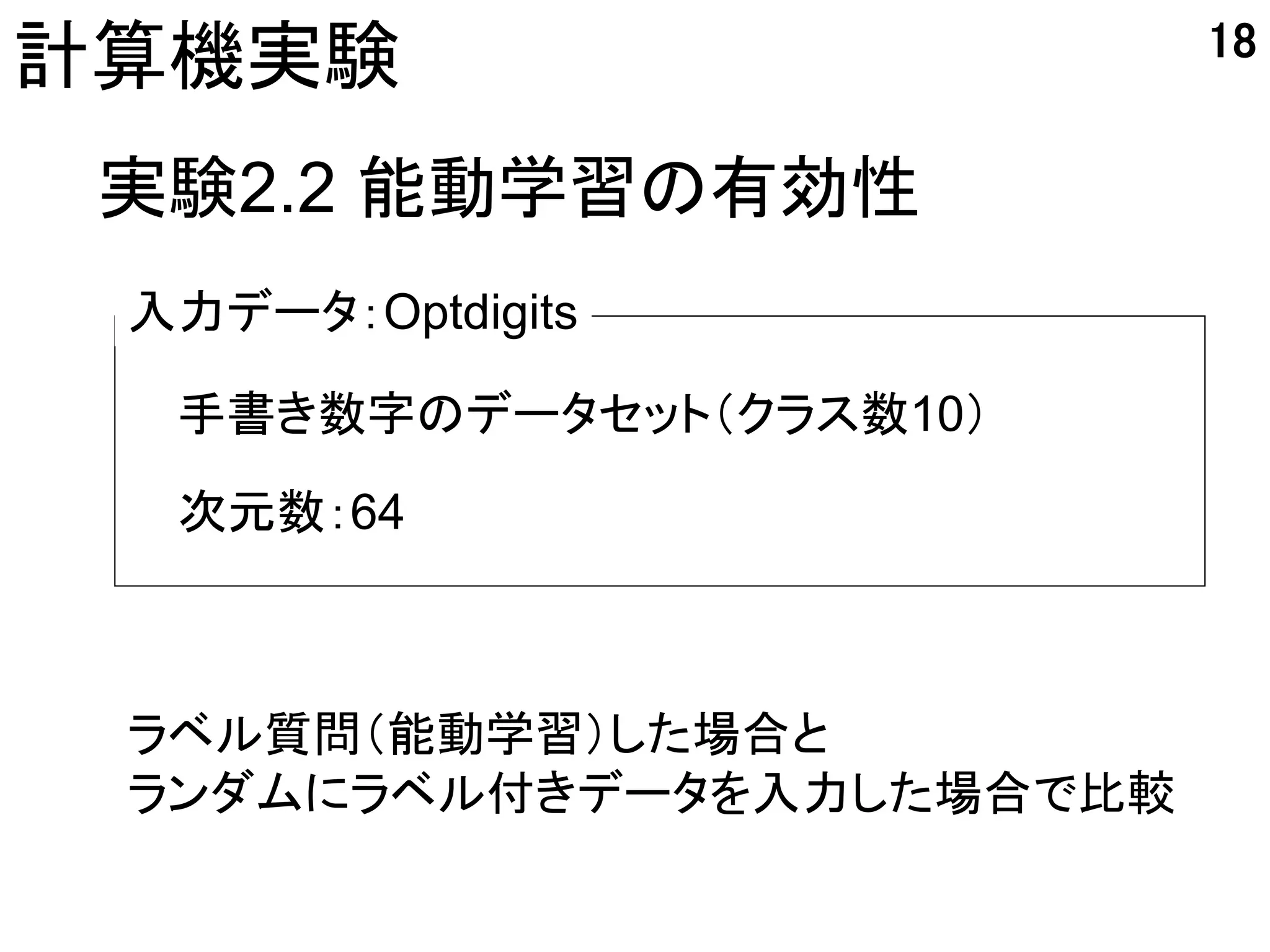 18
計算機実験
 実験2.2 能動学習の有効性
 入力データ：Optdigits

  手書き数字のデータセット（クラス数10）
  次元数：64



 ラベル質問（能動学習）した場合と
 ランダムにラベル付きデータを入力した場合で比較
 