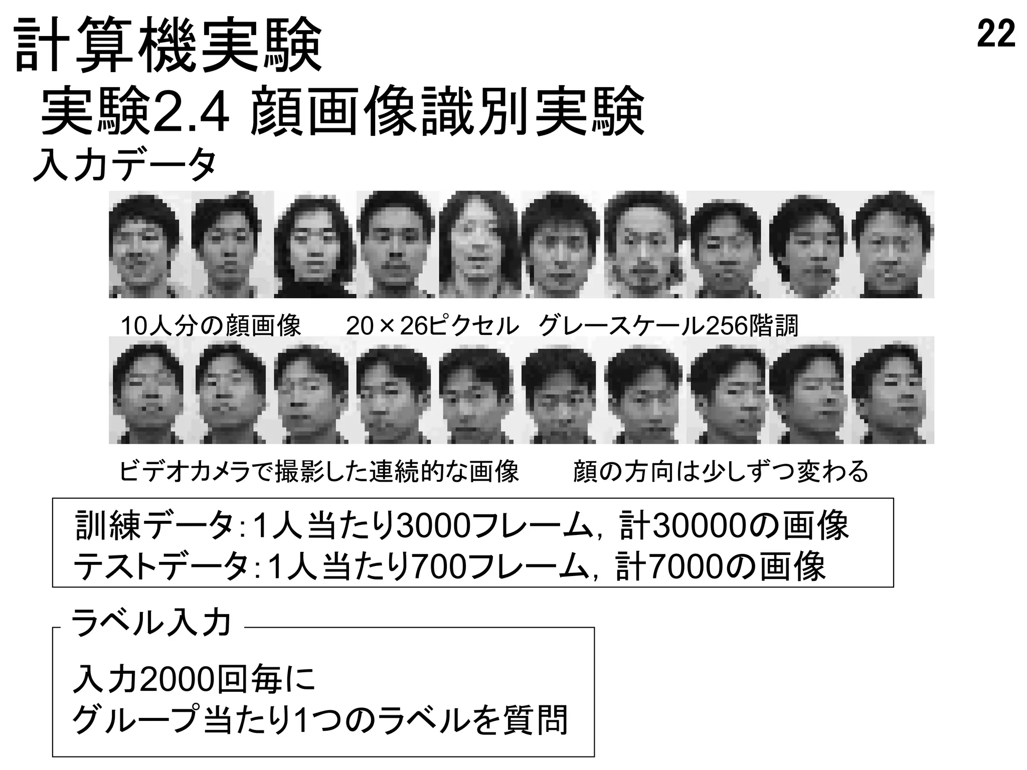 22
計算機実験
実験2.4 顔画像識別実験
入力データ


  10人分の顔画像   20×26ピクセル グレースケール256階調




  ビデオカメラで撮影した連続的な画像    顔の方向は少しずつ変わる

 訓練データ：1人当たり3000フレーム，計30000の画像
 テストデータ：1人当たり700フレーム，計7000の画像
 ラベル入力
 入力2000回毎に
 グループ当たり1つのラベルを質問
 