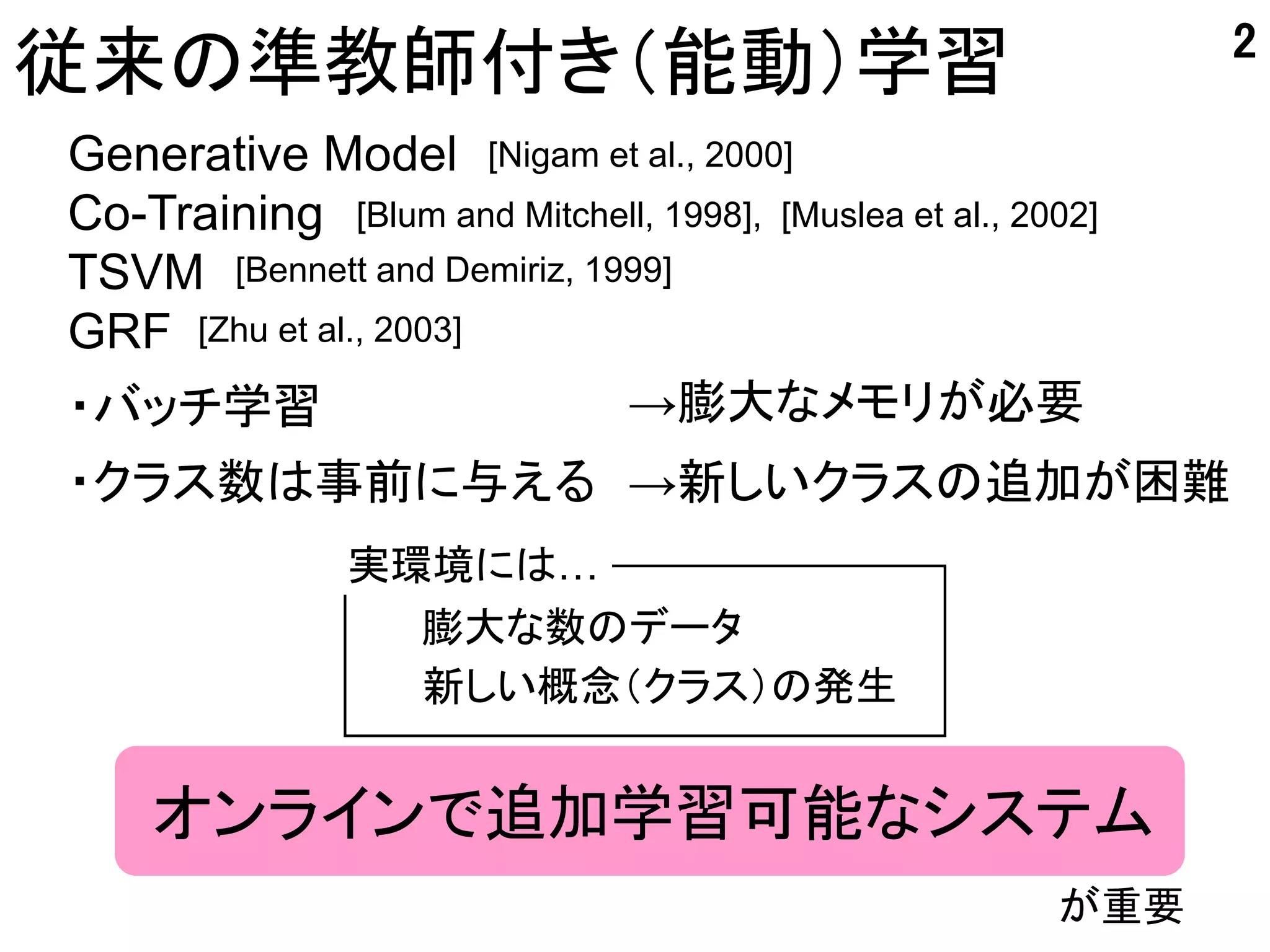 2
従来の準教師付き（能動）学習
Generative Model [Nigam et al., 2000]
Co-Training [Blum and Mitchell, 1998], [Muslea et al., 2002]
TSVM [Bennett and Demiriz, 1999]
GRF [Zhu et al., 2003]
・バッチ学習                       →膨大なメモリが必要
・クラス数は事前に与える →新しいクラスの追加が困難
                実環境には…
                  膨大な数のデータ
                  新しい概念（クラス）の発生


     オンラインで追加学習可能なシステム
                                                         が重要
 