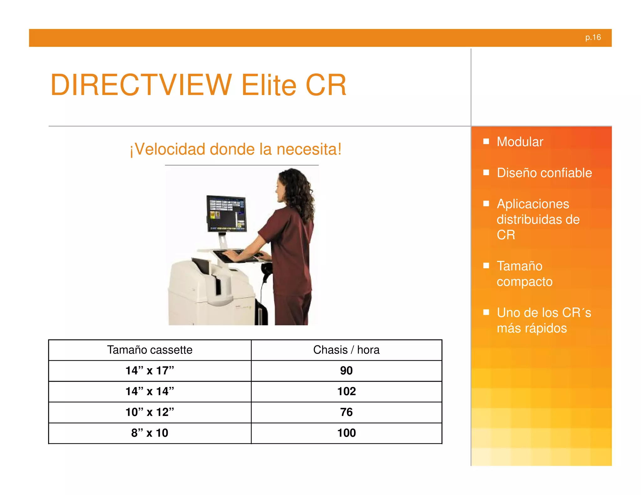 p.16




DIRECTVIEW Elite CR
                                               Modular
      ¡Velocidad donde la necesita!
                                               Diseño confiable

                                               Aplicaciones
                                               distribuidas de
                                               CR

                                               Tamaño
                                               compacto

                                               Uno de los CR´s
                                               más rápidos
   Tamaño cassette             Chasis / hora
      14” x 17”                     90
      14” x 14”                    102
      10” x 12”                     76
       8” x 10                     100
 