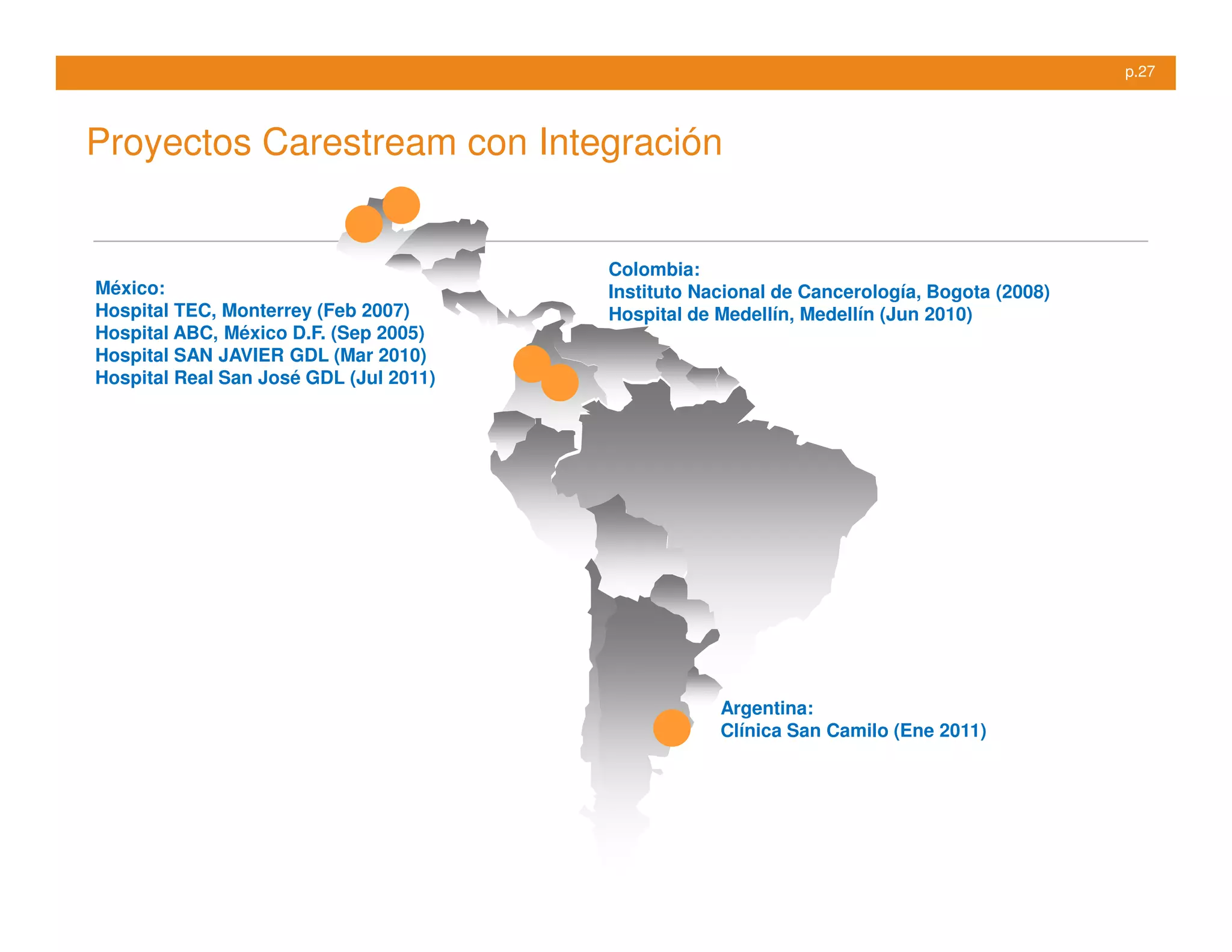 p.27




Proyectos Carestream con Integración


                                        Colombia:
México:                                 Instituto Nacional de Cancerología, Bogota (2008)
Hospital TEC, Monterrey (Feb 2007)      Hospital de Medellín, Medellín (Jun 2010)
Hospital ABC, México D.F. (Sep 2005)
Hospital SAN JAVIER GDL (Mar 2010)
Hospital Real San José GDL (Jul 2011)




                                                    Argentina:
                                                    Clínica San Camilo (Ene 2011)
 