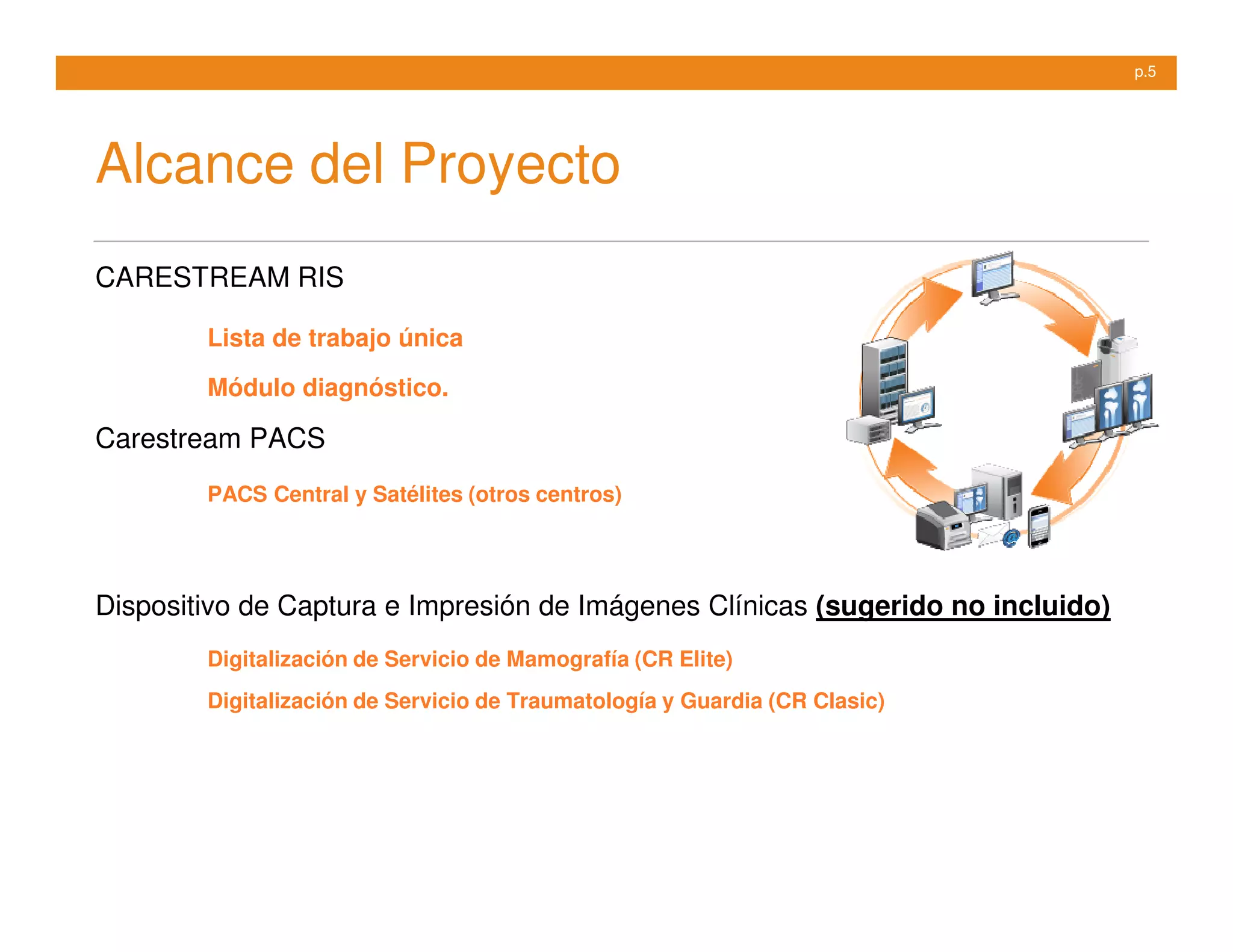 p.5




Alcance del Proyecto
CARESTREAM RIS

        Lista de trabajo única
        Módulo diagnóstico.

Carestream PACS
        PACS Central y Satélites (otros centros)




Dispositivo de Captura e Impresión de Imágenes Clínicas (sugerido no incluido)
        Digitalización de Servicio de Mamografía (CR Elite)
        Digitalización de Servicio de Traumatología y Guardia (CR Clasic)
 