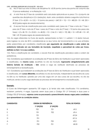 UPE - SISTEMA SERIADO DE AVALIAÇÃO – SSA 2013                                                 TRIENIO 2010/2012
    b)    Na 3ª fase sua nota no bloco de disciplinas foi 62,30 pontos (soma dos pontos do conjunto das
         10 provas realizadas) e na Redação = 6,0.
    d)    A nota final da 3ª fase do candidato será calculada aplicando-se os pesos 7,5 x (conjunto de
         questões das disciplinas) e 2,5 x (redação). Assim, este candidato obteria a seguinte nota final na
         3ª fase: (7,5 x 62,30 + 6 x 2,5) ÷ 10 (soma dos pesos) = (467,25 + 15) ÷ 10 = 482,25÷ 10 = 48, 225 =
         48,22 (pelas regras de arredondamento).
    e)    O escore final de classificação para este candidato será: (peso da 1ª fase x nota da 1ª fase +
         peso da 2ª fase x nota da 2ª fase + peso da 3ª fase x nota da 3ª fase) ÷ 10 (soma dos pesos das
         fases) = (3 x 48, 70 + 3 x 53,50 + 4 x 48,22) ÷ 10 = (146,10 + 160,5 + 192, 88) ÷ 10 = 499,48 ÷ 10 = 49,
         948 = 49, 95 (pelas regras de arredondamento).
13.4. As vagas oferecidas no Curso de opção, apresentadas no item 1.1; subitem 1.1.3 deste manual,
para ingresso no ano de 2013, considerando-se os seus turnos de funcionamento e as suas entradas,
serão preenchidas por candidatos classificados por argumento de classificação e pela ordem de
preferência indicada em seu formulário de inscrição, respeitado o percentual de cotas por Curso,
definido no item 1.2 e seus subitens.
13.5. Para a classificação do candidato, o escore final de classificação prevalece sobre a ordem de
preferência.
13.6. Candidatos que realizarem as avaliações da 3ª fase do SSA e do Vestibular e que forem aprovados
e classificados, no mesmo curso, escolhido no ato da inscrição, ingressarão obrigatoriamente pelo
Sistema Seriado de Avaliação - SSA, sendo a vaga do vestibular destinada ao processo de
remanejamento e reclassificação.
13.7. Candidatos que realizarem as avaliações da 3ª fase do SSA e do Vestibular e que forem aprovados
e classificados, em cursos diferentes, escolhidos no ato da inscrição, independente da escolha do curso
no SSA ou no Vestibular, optarão por uma das vagas em um dos cursos de sua escolha, no ato da
matrícula, sendo a outra vaga destinada ao processo de remanejamento e reclassificação.


Exemplo:
O Curso de Enfermagem apresenta 120 vagas e, já tendo sido nele classificados 116 candidatos,
restariam, portanto, 4 vagas. Supondo serem duas para o Código 701 (1ª Entrada) e duas para o
Código 702 (2ª Entrada), vejamos como se processará o preenchimento dessas vagas pelos candidatos
que apresentarem as condições abaixo.


CANDIDATOS                           ORDEM DE PREFERÊNCIA                        TOTAL DE PONTOS
                                        1ª OPÇÃO           2ª OPÇÃO
B                                        702                 701                           69,5
E                                        701                 702                           69,4
C                                        701                                              69,34
D                                        701                                              69,16
A                                        701                 702                           69,0
F                                        702                 701                           68,33

                                                                                                               24
 