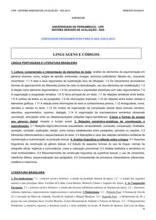 UPE - SISTEMA SERIADO DE AVALIAÇÃO – SSA 2013                                                               TRIENIO 2010/2012


                                                          ANEXO III


                                       UNIVERSIDADE DE PERNAMBUCO - UPE
                                       SISTEMA SERIADO DE AVALIAÇÃO - SSA


                             CONTEÚDOS PROGRAMÁTICOS PARA O SSA 3/2013-2015




                                        LINGUAGENS E CÓDIGOS

LÍNGUA PORTUGUESA E LITERATURA BRASILEIRA


1. Leitura, compreensão e interpretação de elementos do texto: análise de elementos da argumentação em
gêneros diversos, como, artigos de opinião, entrevistas, charges, anúncios publicitários, fábulas etc., buscando
reconhecer: 1.1 A tese e seus argumentos de sustentação e/ou de refutação; 1.2 Os mecanismos enunciativos
(formas de agenciamento de diferentes pontos de vista na textualização, uso dos elementos de modalização); 1.3
A citação como elemento argumentativo; 1.4 Os conectivos e expressões adverbiais com valor argumentativo; 1.5
A organização e progressão temática; 1.6 O tema principal de um texto; 1.7 As relações temáticas entre textos;
1.8 A síntese de textos ou de parágrafos; 1.9 As informações implícitas; 1.10 As relações entre textos verbais e
elementos gráficos; 1.11 A relação entre informações do texto e conhecimentos prévios; 1.12 Ambiguidade, ironia,
opiniões e valores no texto; 1.13 Os modos de organização da composição textual (tipos textuais narrativo,
descritivo, argumentativo, injuntivo, dialogal); 1.14 A organização da macroestrutura semântica (dimensão
conceitual), articulação entre as ideias/proposições (relações lógico-semânticas). 2.Usos e formas de acesso
aos gêneros digital: impacto e função social. 3. Relações semântico-sintáticas de coordenação e
subordinação: 3.1 Relações lógico-discursivas (causalidade, temporalidade, conclusão, comparação, finalidade,
oposição, condição, explicação, adição, entre outras) estabelecidas entre parágrafos, períodos ou orações; 3.2
Elementos referenciadores e sequenciadores do texto; 3.3 Aplicações e usos das relações semântico-sintáticas de
coordenação e subordinação na produção textual. 4. Análise linguística e reflexão sobre a língua: 4.1 Aspectos
linguísticos da construção do gênero textual; 4.2 Estudo de aspectos formais do uso da língua: normas da
ortografia oficial, regência e concordância, crase e colocação pronominal; 4.3 Análise estilística e semântica no
nível morfossintático; 4.4 Reconhecimento da construção linguística da superfície textual: o uso de conectores,
referência dêitica, sequencialização dos parágrafos; 4.5 Compreensão de processos interpretativos inferenciais:
metáfora e metonímia.



LITERATURA BRASILEIRA

1. Pré-modernismo. 1.1 - contexto social e histórico: o estudo da produção literária da época. 1.2 – o estudo dos seguintes
autores e suas principais obras: Euclides da Cunha, Lima Barreto, Monteiro Lobato e Augusto dos Anjos. 2. As Vanguardas
Europeias. 2.1 - contexto social e histórico: o estudo das diversas influências estéticas na literatura da época. 2.2 – futurismo,
cubismo, dadaísmo, expressionismo, impressionismo e surrealismo. 3 Modernismo. 3.1 – Primeira Fase: A Semana de Arte de
22: a inovação de Mario de Andrade, Oswald de Andrade e Manuel Bandeira. 3.2 - Segunda Fase – o Modernismo de 30: a
poesia nas suas múltiplas faces: Cecília Meireles, Carlos Drummond de Andrade e Vinícius de Moraes. 3.3 – O Regionalismo
Nordestino: a narrativa vigorosa, a denúncia social e a forte oralidade na ficção  Rachel de Queiroz, José Lins do Rêgo,
                                                                                                                               31
 