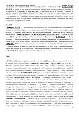 UPE - SISTEMA SERIADO DE AVALIAÇÃO – SSA 2013                                                        TRIENIO 2010/2012
retas paralelas e perpendiculares. 3.3 Vetores: conceito (geométrico e algébrico) e operações. 4. GRANDEZAS E
MEDIDAS: 4.1 Medida da área e do perímetro de figuras planas limitadas por segmentos de reta e/ou arcos de
circunferência. 5. ESTATÍSTICA E PROBABILIDADE: 5.1 Estratégias básicas de contagem. 5.2 Medidas de
dispersão (amplitude, desvio médio, variância e desvio padrão) para um conjunto de dados numéricos agrupados
e não agrupados. 5.3 Probabilidade: conceito, espaço amostral, probabilidade de ocorrência de um evento,
probabilidade da união de dois eventos, probabilidade de eventos simultâneos, probabilidade de eventos
independentes, probabilidade condicional.

BIOLOGIA

1. GENÉTICA BÁSICA - 1.1 Hereditariedade e diversidade da vida: padrões mendelianos e não mendelianos,
interação gênica, alelos múltiplos, penetrância e expressividade. 1.2 Ligações gênicas, recombinação e mapas
genéticos. 1.3 Herança e determinação do sexo e cromossomos sexuais. 1.4 Mutações gênicas e alterações
cromossômicas. 2. GENÉTICA MODERNA: SUAS APLICAÇÕES E ASPECTOS ÉTICOS - 2.1 Noções de célula
tronco. 2.2 Clonagem. 2.3 Tecnologia do DNA recombinante. 2.4 Genoma humano. 3. EVOLUÇÃO - 3.1 Teorias
evolutivas. 3.2 Evidências da evolução. 3.3 Formação e evolução das espécies. 3.4 Fatores evolutivos. 3.5
Seleção artificial e seu impacto ambiental e populacional. 3.6 Noções de probabilidade e genética de populações.
4. ECOLOGIA. 4.1 Ecossistemas e seus componentes. 4.2 Dinâmica de populações. 4.3 Ciclos biogeoquímicos.
4.4 Biociclos: terrestre, de água doce e marinho. 4.5 Relações entre os seres vivos. 4.6 Sucessão ecológica e
Biomas. 4.7 Conservação da Biodiversidade. 4.8 Problemas ambientais: mudanças climáticas; desmatamento;
erosão; introdução de espécies exóticas; poluição da água, do solo e do ar.



FÍSICA


1. ESTÁTICA: 1.1 Condição de equilíbrio estático do ponto material; 1.2 Momento de uma força torque; 1.3 Condições
de equilíbrio estático do corpo rígido. 2. FENÔMENOS OSCILATÓRIOS E ONDULATÓRIOS: 2.1 Oscilações; 2.2
Movimento harmônico simples; 2.3 Considerações sobre força e energia no MHS; 2.4 Cinemática e dinâmica do
movimento oscilatório: pêndulos; 2.5 Ondas: propagação de pulsos em um meio material. 2.6 Reflexão e refração de
pulsos no ponto de separação de dois meios; 2.7 Ondas Longitudinais; 2.8 Ondas Transversais; 2.9 Ondas Progressivas;
2.10 Ondas Estacionárias. 3. HIDROSTÁTICA: 3.1 Princípio de Pascal, Arquimedes e Stevin; 3.2 Medida de pressão:
experiência de Torricelli, Manômetros; 3.3 Flutuação e estabilidade. 4. ÓPTICA: 4.1 Óptica física: interferência, difração
e polarização. 5. FENOMÊNOS ELÉTRICOS E MAGNÉTICOS: 5.1 Carga elétrica e corrente elétrica: Lei de Coulomb; 5.2
Condutores e isolantes; 5.3 Campo elétrico: Linhas de força; 5.4 Energia potencial elétrica e potencial elétrico; 5.5
Superfícies equipotenciais; 5.6 Poder das pontas; 5.7 Blindagem; 5.8 Capacitores: associação de capacitores; 5.9
Resistores: associação de resistores; 5.10 Efeito Jaule; 5.11 Lei de Ohm; 5.12 Resistência e resistividade; 5.13 Relações
entre grandezas elétricas: tensão, corrente, potência e energia; 5.14 Circuitos elétricos simples; 5.15 Associação de
geradores; Leis de Kirchhoff; 5.16 Corrente Contínua e corrente alternada; 5.17 Medidores elétricos; 5.18
Representação gráfica de circuitos; 5.19 Símbolos Convencionais; 5.20 Potência e consumo de energia em dispositivos
elétricos; 5.21 Ímãs e seus Polos Magnéticos; 5.22 Campos Magnéticos; 5.23 Campo Magnético Terrestre; 5.24 Linhas de
Campo Magnético; 5.25 Forças Magnéticas; 5.26 Indução Magnética; 5.27 Leis de Faraday e Lenz. 6. RELATIVIDADE
RESTRITA E FÍSICA QUÂNTICA: 6.1 Introdução à Teoria da Relatividade Restrita; 6.2 Experiência de Michelson-
Morley; 6.3 Postulados da Relatividade Restrita; 6.4 Dilatação Temporal; 6.5 Quantidade de Movimento, Energia e
Massa Relativística; 6.6 Origens da Mecânica Quântica; 6.7 Radiação Térmica; 6.8 Corpo Negro; 6.9 Quantização da
Energia (Hipótese de Planck); 6.10 Efeito Fotoelétrico; 6.11 Modelos Atômicos; 6.12 O Átomo de Rutherford; 6.13
                                                                                                                        35
 