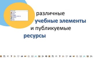 различные
    учебные элементы
  и публикуемые
ресурсы
 