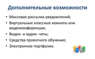 Дополнительные возможности
• Массовая рассылка уведомлений;
• Виртуальные классные комнаты или
  видеоконференции;
• Видео- и аудио- чаты;
• Средства проектного обучения;
• Электронное портфолио.
 