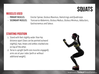 Brought to you by
SQUATS
MUSCLES USED
STARTING POSITION
•	 PRIMARY MUSCLES:		 Erector Spinae, Gluteus Maximus, Hamstrings and Quadriceps
•	 SECONDARY MUSCLES:	Transverse Abdominis, Gluteus Medius, Gluteus Minimus, Adductors,
Gastrocnemius and Soleus
1.	 Stand with feet slightly wider than hip
distance apart (toes can be pointed outward
slightly); hips, knees and ankles stacked one
on top of the other.
2.	 Torso is upright (with core muscles engaged);
arms are at your sides (with or without
additional weight).
 