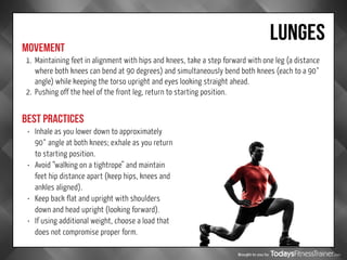 Brought to you by
LUNGES
MOVEMENT
BEST PRACTICES
1.	 Maintaining feet in alignment with hips and knees, take a step forward with one leg (a distance
where both knees can bend at 90 degrees) and simultaneously bend both knees (each to a 90°
angle) while keeping the torso upright and eyes looking straight ahead.
2.	 Pushing off the heel of the front leg, return to starting position.
•	 Inhale as you lower down to approximately
90° angle at both knees; exhale as you return
to starting position.
•	 Avoid “walking on a tightrope” and maintain
feet hip distance apart (keep hips, knees and
ankles aligned).
•	 Keep back flat and upright with shoulders
down and head upright (looking forward).
•	 If using additional weight, choose a load that
does not compromise proper form.
 