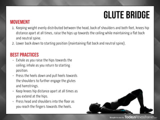 Brought to you by
GLUTE BRIDGE
MOVEMENT
BEST PRACTICES
1.	 Keeping weight evenly distributed between the head, back of shoulders and both feet, knees hip
distance apart at all times, raise the hips up towards the ceiling while maintaining a flat back
and neutral spine.
2.	 Lower back down to starting position (maintaining flat back and neutral spine).
•	 Exhale as you raise the hips towards the
ceiling; inhale as you return to starting
position.
•	 Press the heels down and pull heels towards
the shoulders to further engage the glutes
and hamstrings.
•	 Keep knees hip distance apart at all times as
you extend at the hips.
•	 Press head and shoulders into the floor as
you reach the fingers towards the heels.
 