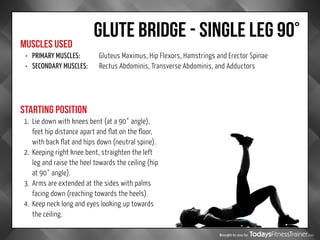 Brought to you by
GLUTE BRIDGE - SINGLE LEG 90°
MUSCLES USED
STARTING POSITION
•	 PRIMARY MUSCLES:		 Gluteus Maximus, Hip Flexors, Hamstrings and Erector Spinae
•	 SECONDARY MUSCLES:	 Rectus Abdominis, Transverse Abdominis, and Adductors
1.	 Lie down with knees bent (at a 90° angle),
feet hip distance apart and flat on the floor,
with back flat and hips down (neutral spine).
2.	 Keeping right knee bent, straighten the left
leg and raise the heel towards the ceiling (hip
at 90° angle).
3.	 Arms are extended at the sides with palms
facing down (reaching towards the heels).
4.	 Keep neck long and eyes looking up towards
the ceiling.
 