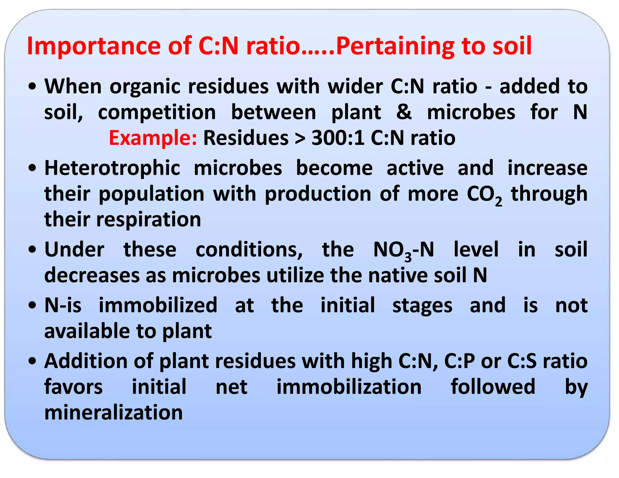 Importance of C:N ratio…..Pertaining to soil
• When organic residues with wider C:N ratio - added to
soil, competition between plant & microbes for N
Example: Residues > 300:1 C:N ratio
• Heterotrophic microbes become active and increase
their population with production of more CO2 through
their respiration
• Under these conditions, the NO3-N level in soil
decreases as microbes utilize the native soil N
• N-is immobilized at the initial stages and is not
available to plant
• Addition of plant residues with high C:N, C:P or C:S ratio
favors initial net immobilization followed by
mineralization
 
