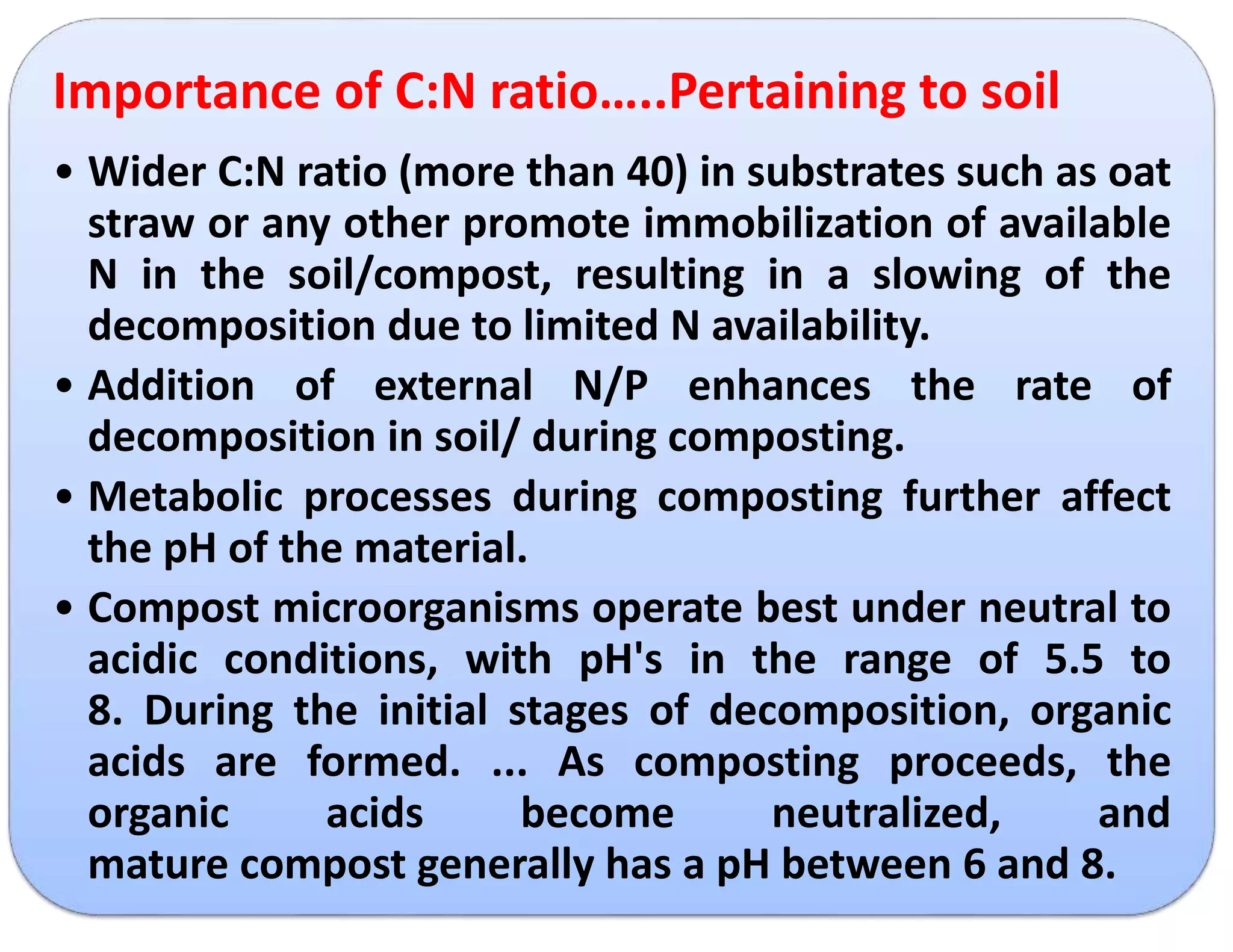 Importance of C:N ratio…..Pertaining to soil
• Wider C:N ratio (more than 40) in substrates such as oat
straw or any other promote immobilization of available
N in the soil/compost, resulting in a slowing of the
decomposition due to limited N availability.
• Addition of external N/P enhances the rate of
decomposition in soil/ during composting.
• Metabolic processes during composting further affect
the pH of the material.
• Compost microorganisms operate best under neutral to
acidic conditions, with pH's in the range of 5.5 to
8. During the initial stages of decomposition, organic
acids are formed. ... As composting proceeds, the
organic acids become neutralized, and
mature compost generally has a pH between 6 and 8.
 