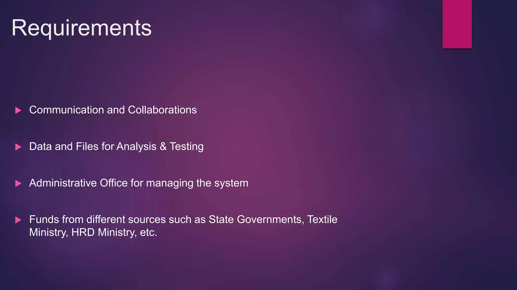 Requirements
 Communication and Collaborations
 Data and Files for Analysis & Testing
 Administrative Office for managing the system
 Funds from different sources such as State Governments, Textile
Ministry, HRD Ministry, etc.
 