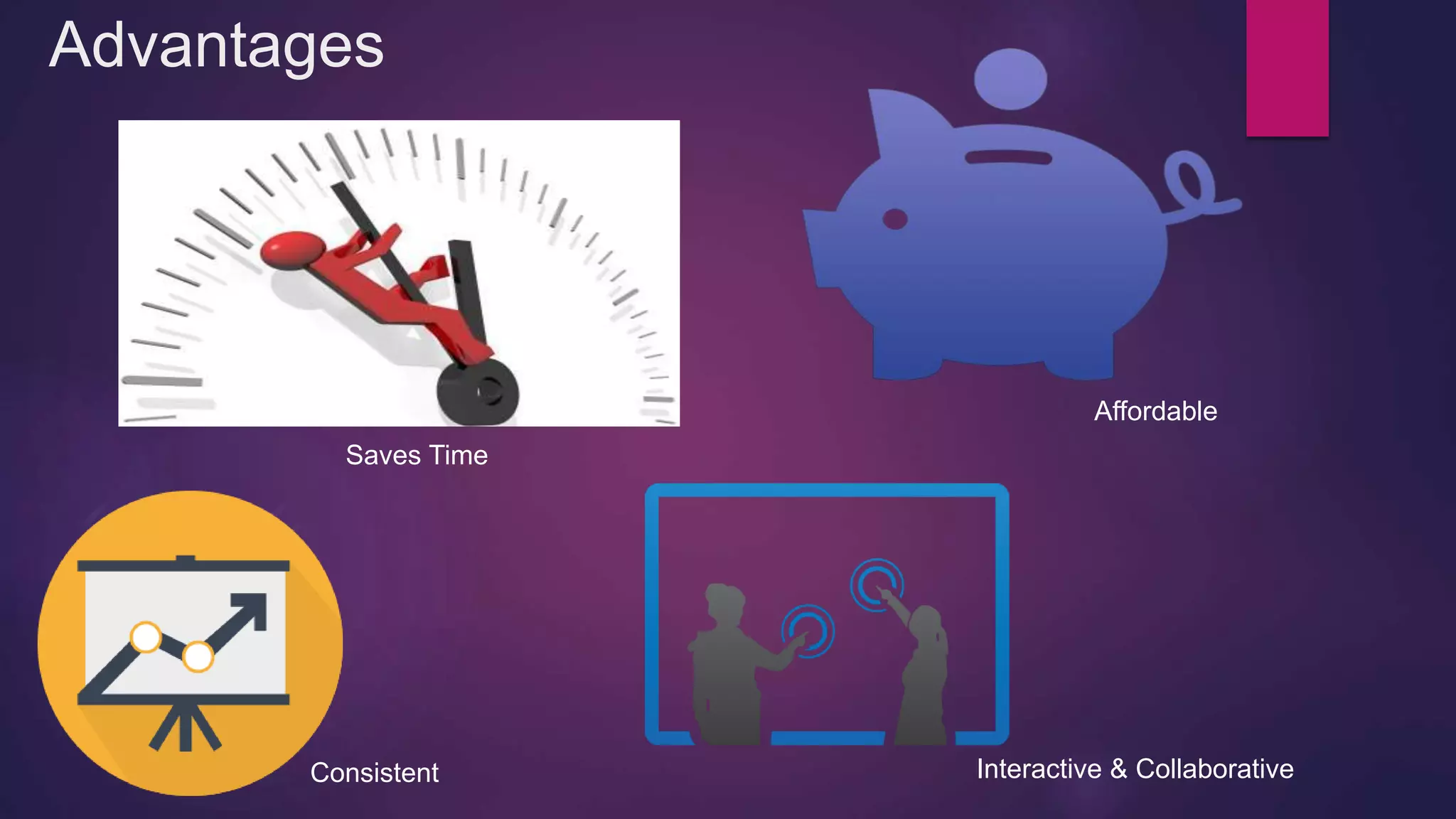 Advantages
Saves Time
Affordable
Consistent Interactive & Collaborative
 