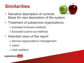 Similarities
• Narrative description of controls:
  Basis for new description of the system
• Treatment of subservice organizations
   Included (inclusive method)
   Excluded (carve-out method)

• Intended users of the report
   Service organization’s management
   Users
   User auditors
 