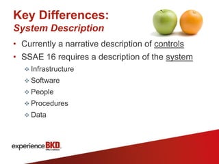 Key Differences:
System Description
• Currently a narrative description of controls
• SSAE 16 requires a description of the system
    Infrastructure
    Software
    People
    Procedures
    Data
 